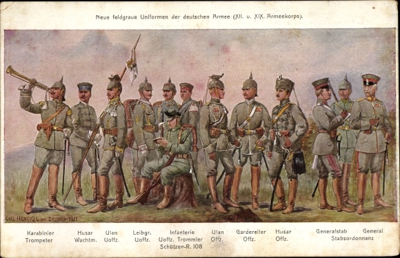 Kunstenaarskaart Henckel, Carl, nieuwe veldgrijze uniformen van het Duitse leger, XII en XIX legerkorps