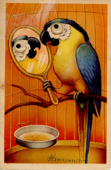 Wackelaugen Postcard Parrot in a Cage, Hand Mirror