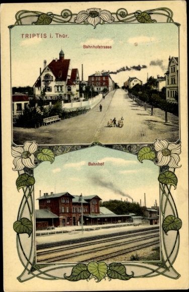 Art Nouveau PC Triptis in Thuringia, train station, track side, Bahnhofstrasse