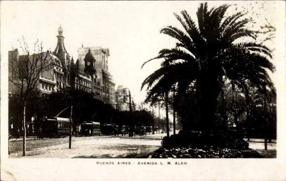 Postcard Buenos Aires Argentina, Avanida LN Alem, trams, palm trees