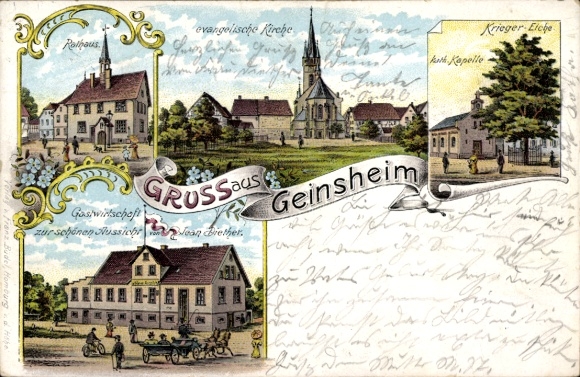 Chromo-Litho Geinsheim Trebur am Rhein Hesse, town hall, Protestant church, Catholic chapel, war oak