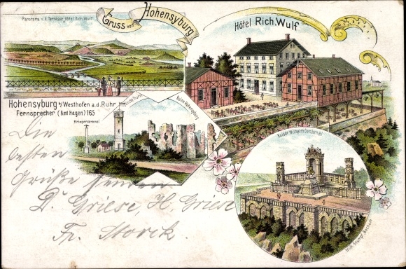 litho Hohensyburg Syburg Dortmund Noordrijn-Westfalen, Kaiser-Wilhelm-monument, hotel