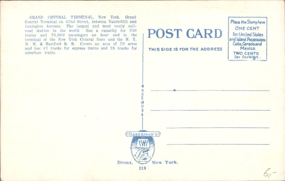 Postcard New York City USA, Grand Central Terminal