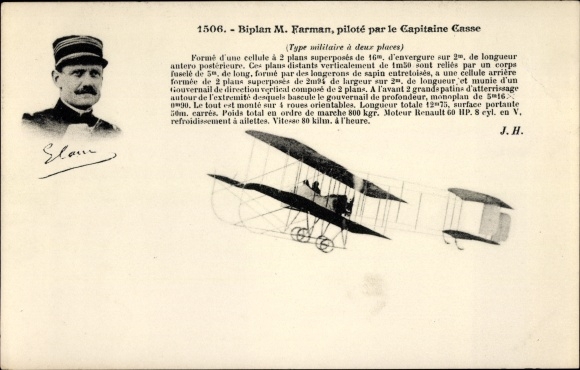 Postcard Aviation, Biplan M. Farman, piloted by Captain Casse, military type airplane