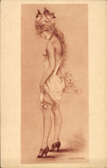 Artist Postcard Brüning, Max, Young girl in lingerie, stockings, breast