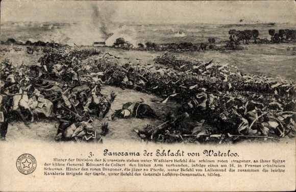 Ak Panorama der Schlacht von Waterloo 1815, Kürassiere, Dragoner, General Edouard de Colbert