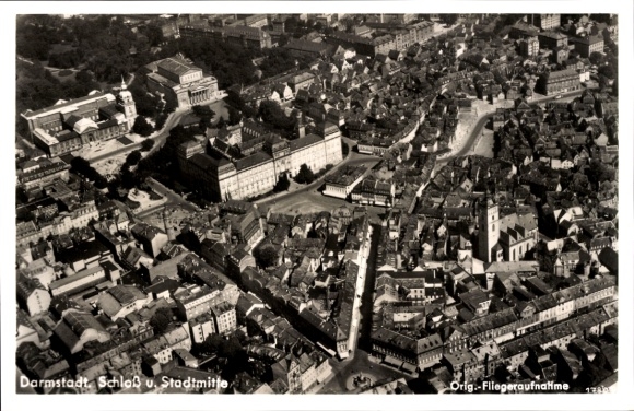 Postcard Darmstadt in Hessen, aerial photograph, castle, city center