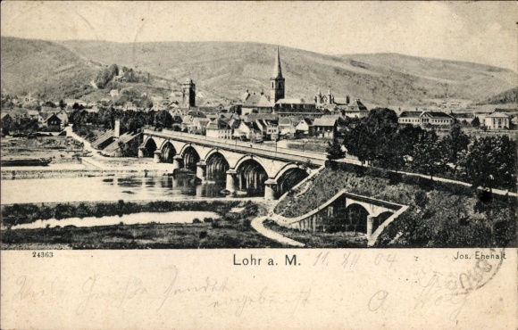Postcard Lohr am Main Lower Franconia, city view, bridge, church, mountains, historical architecture