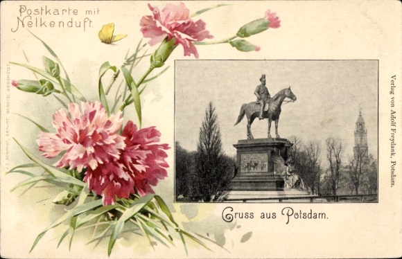Postcard Potsdam, monument, carnations