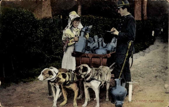 Postcard Flemish Milkwoman, Policeman, Dog Cart