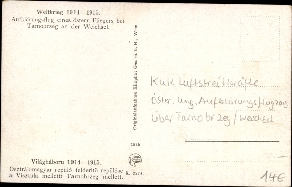Postcard Tarnobrzeg Poland, reconnaissance flight of an Austrian military aircraft, I WW