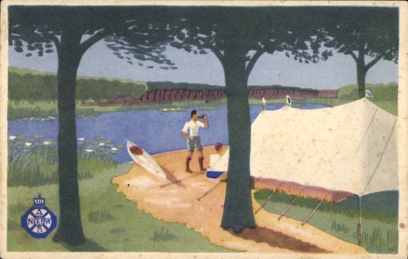 Ak Zeltplatz, Zelt, Mann mit Fernglas, Ruderboot