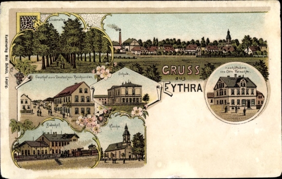 Chromo-Litho Eythra Zwenkau in Saxony, railway station, inn at the German Imperial Eagle, church