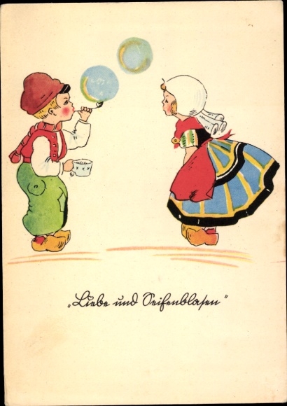 Artist Postcard Love and soap bubbles, children in traditional costume, wooden shoes