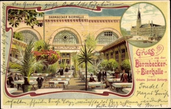 Art Nouveau Chromo-Litho Hamburg Nord Barmbek, beer hall, garden view