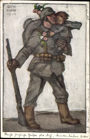 Artist PC Klein, R., German soldier with a child in his arms, rifle, ammunition belt