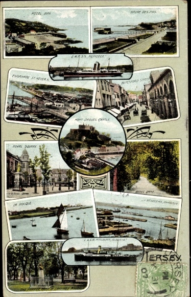 Postcard Channel Island Jersey, Mont Orgueil Castle, Royal Square, harbor, street view