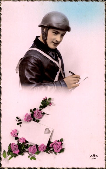 Postcard French soldier in uniform writes a love letter, soldier's love