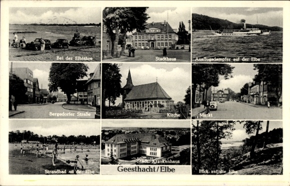Postcard Geesthacht an der Elbe, church, Bergedorfer Straße, city hospital, market, town house