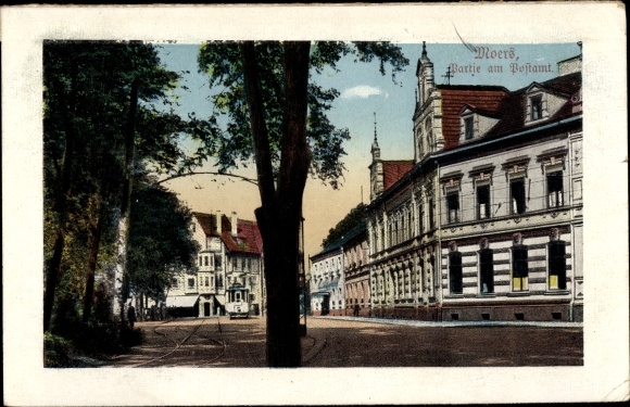 PC Moers, lot at the post office, tram, tracks, house facade