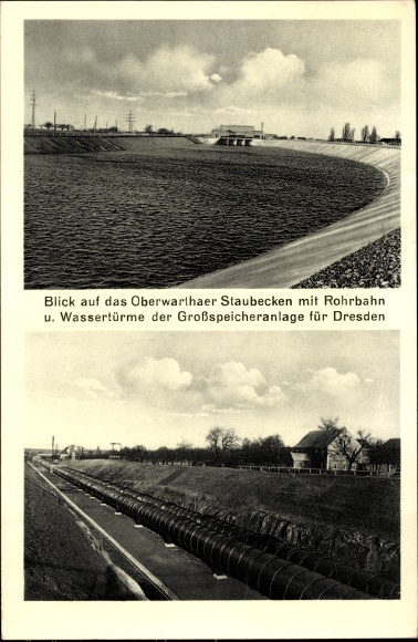 Postcard Dresden West Oberwartha, reservoir with tubular railway, water towers
