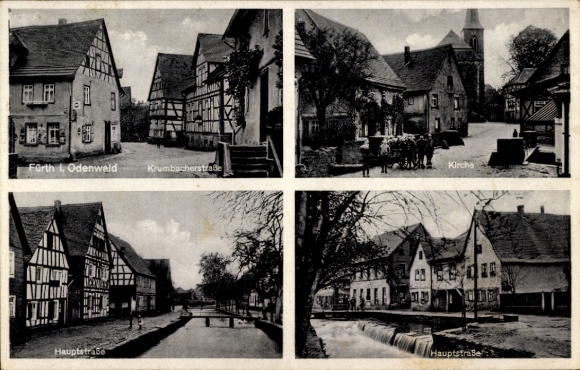 Postcard Fürth im Odenwald, Krumbacherstraße, church, main street