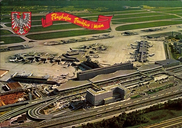 Ak Frankfurt Main, Rhein Main Flughafen, Fliegeraufnahme, Wappen