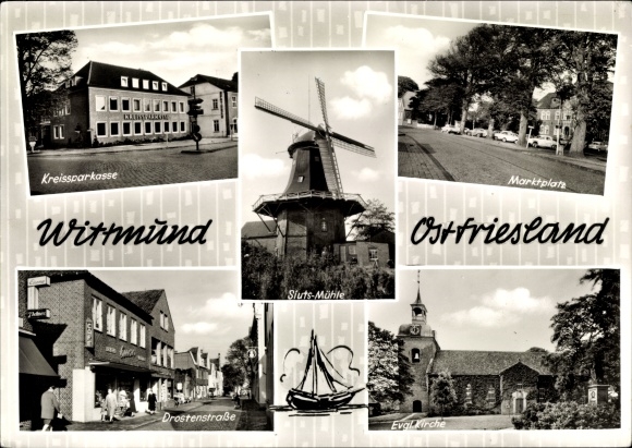 Postcard Wittmund in Ostfriesland, district savings bank, marketplace, Drostenstrasse, church, mill
