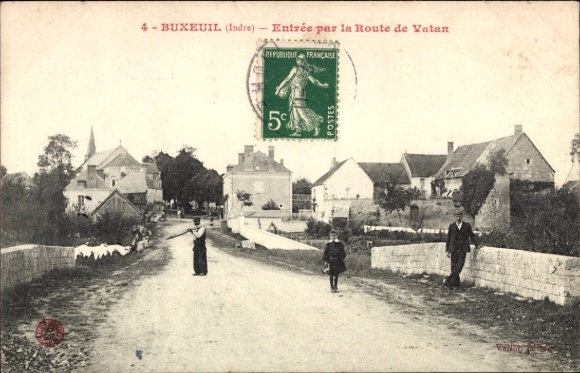 PC Buxeuil Indre, rural scenery, street, houses, women, postmark
