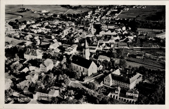 Postcard Dorfen in Upper Bavaria, aerial view of Dorfen, church tower, city view, no personalities