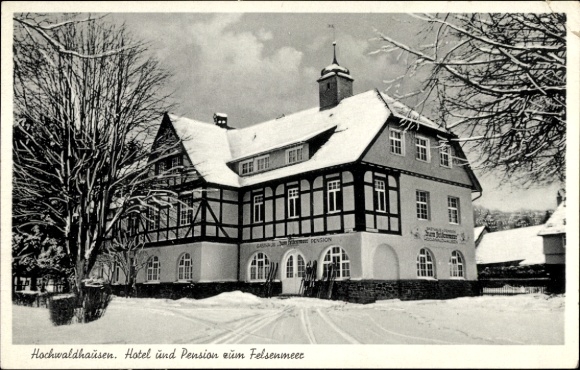 Postcard Hochwaldhausen Ilbeshausen Grebenhain Hesse, Hotel and Pension Zum Felsenmeer, winter