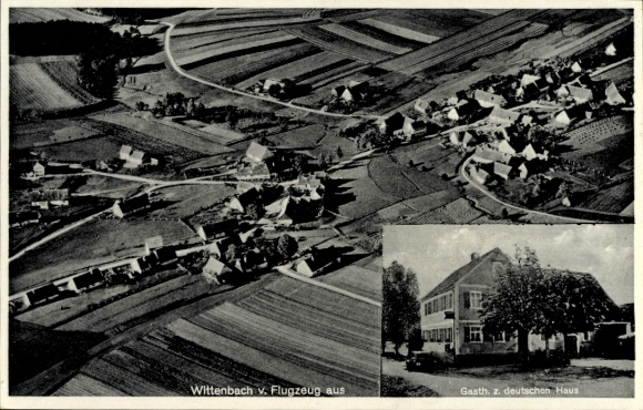 Ak Wittenbach Wilburgstetten in Midden-Franken, luchtfoto, pension. naar het Duitse Huis