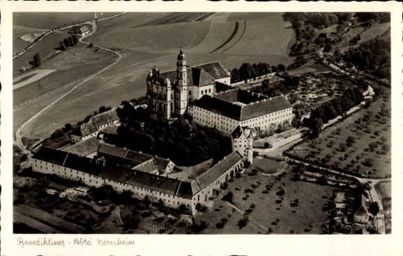 Postcard Neresheim in Württemberg, aerial photograph of the Benedictine Abbey