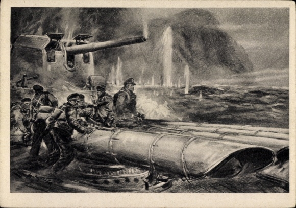 Artist Postcard Matejko, Theo, Off Norway, torpedo tubes ready for firing, Kriegsmarine