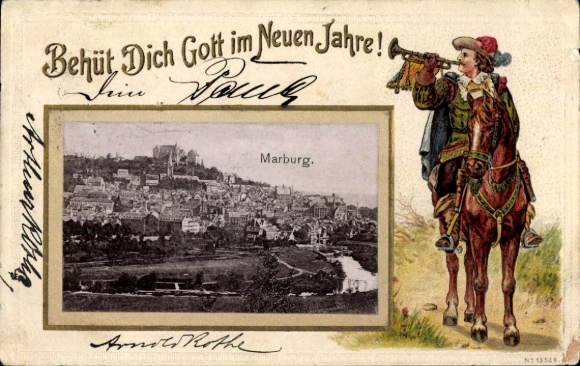 Embossed Passepartout Postcard Marburg an der Lahn, general view, trumpeter