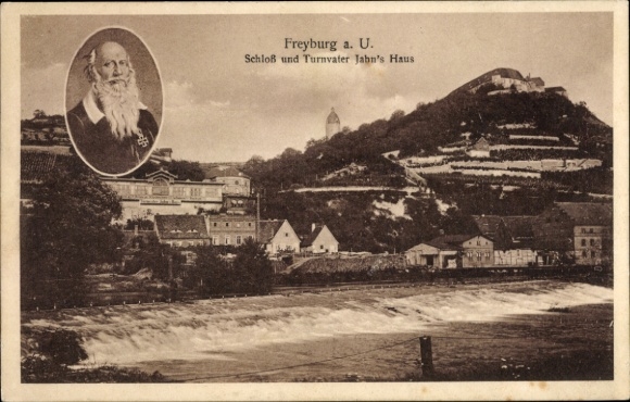 Ak Freyburg an der Unstrut, Schloss und Turnvater Jahn's Haus, Flussansicht, Berg mit Ruine, a...