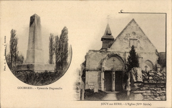 Postcard Cocherel et Jouy on your, Church, Pyramid Dugesclin