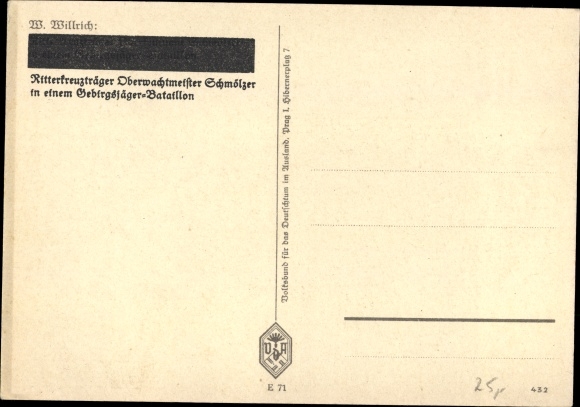 Artist PC Willrich, Wolfgang, Knight&#39;s Cross bearer Oberwachtmeister Schmölzer, VDA E 71