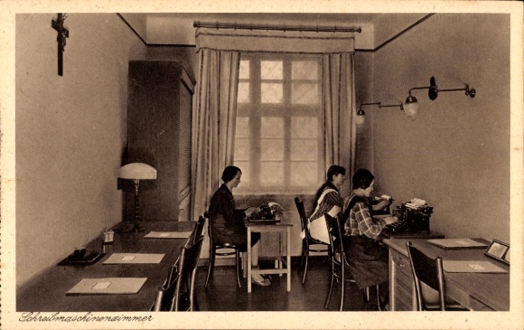 Postcard Heidingsfeld Würzburg am Main, educational institute with home economics school, typewriter room