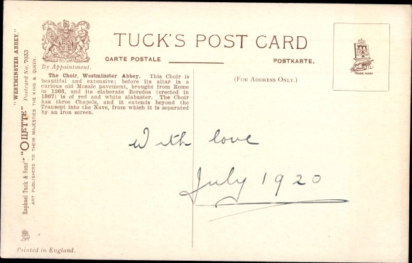 Artist Postcard Flower, Charles F., City of Westminster London City, Westminster Abbey, The Choir