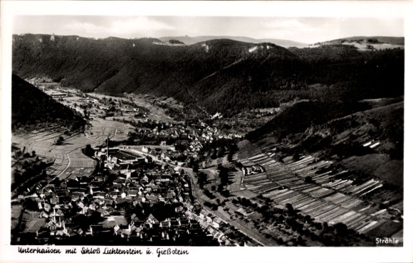 Postcard Unterhausen Lichtenstein in Württemberg, aerial photograph, Lichtenstein Castle, Gießstein