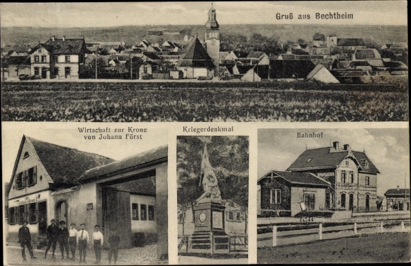 PC Bechtheim in Rhineland-Palatinate, train station, economy to the crown, war memorial, total view