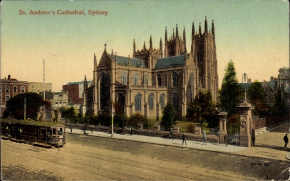 Ak Sydney Australien, St. Andrew's Cathedral,  Straßenbahn,  Architektur