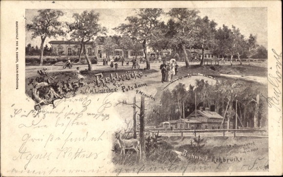 Künstler Ak Thomasczek, Otto, Rehbrücke Potsdam in Brandenburg, Gastwirtschaft, Bahnhof