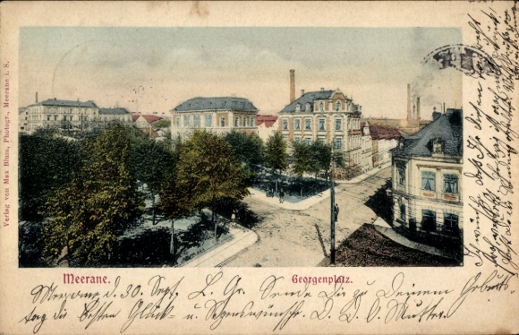 Ak Meerane in Sachsen, Historische Ansicht, Georgenplatz, Bäume, Gebäude, Verlag Max Blum