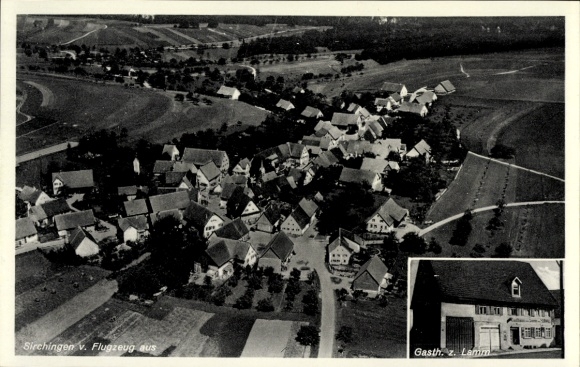 Postcard Sirchingen Bad Urach in the Swabian Alb, aerial photograph, Gasthaus zum Lamm