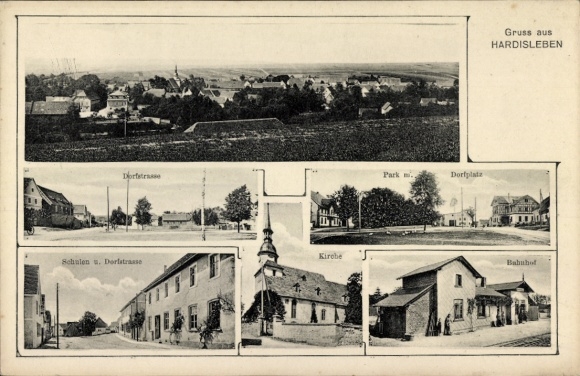 Postcard Hardisleben Buttstädt in Thuringia, Various views of church, schools, village street,