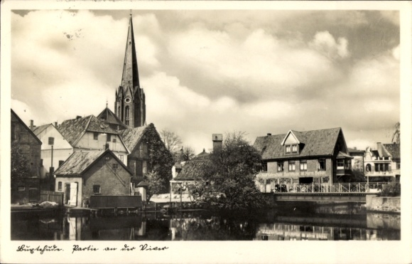 Postcard Buxtehude in Lower Saxony, picture of a city view, church, houses, water, clouds
