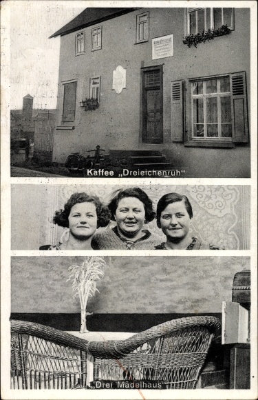Postcard Grünberg in Hesse, coffee Dreieichenruh, women, three girls&#39; house