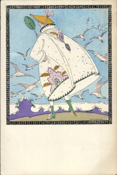 Artist Postcard Köhler, Mela, Lady in a Coat on the Coast, Seagulls